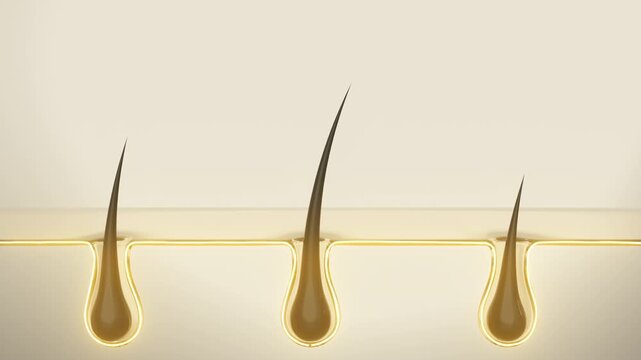 3D animation of hair growth, shampoo or hair serum, hair repair, hair restoration cycle, hair care.
