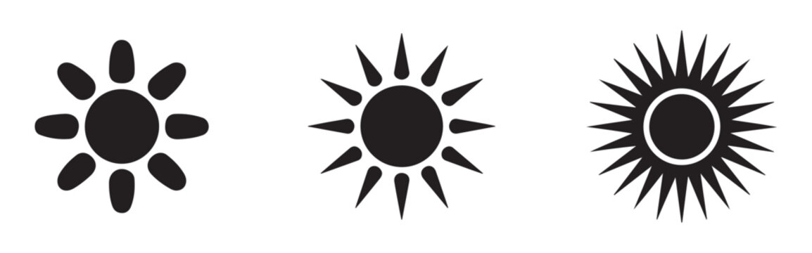 Simple black sun silhouettes with diverse thick ray shapes for weather forecast applications and UI layouts.