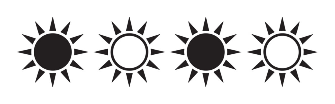 Symmetrical black sun vector set featuring sharp triangular rays for modern digital weather widget interfaces.