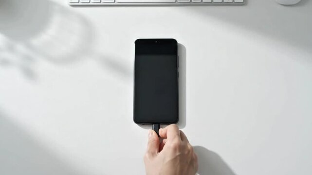 Person plugging in a charging cable to a smartphone on a clean white office desk top view