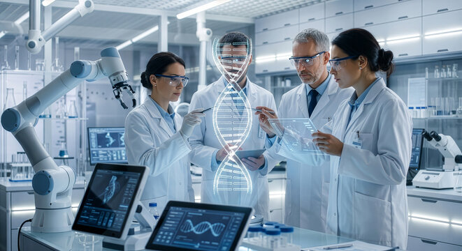 最先端の研究所でDNAホログラムを分析する科学者と研究チーム。バイオテクノロジー、遺伝子工学、創薬開発、ロボット技術を活用した近未来の医療と科学実験室