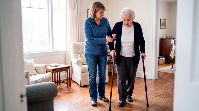 Caring daughter helping her elderly mother walk safely with a cane at home