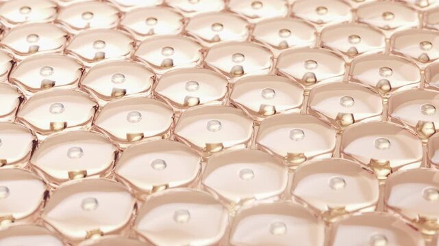 3D animation of pink serum bubbles penetrating deep into skin cells for collagen boosting.
