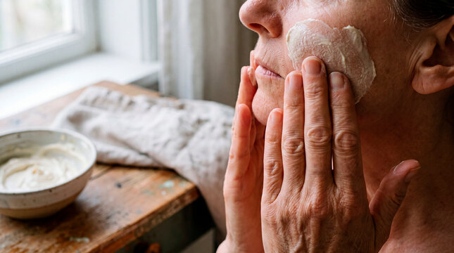 Mature woman applying moisturizing cream to her face near a sunlit window