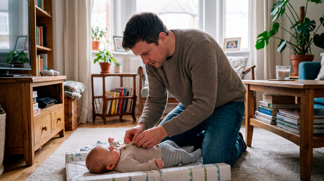 Loving father carefully dressing his baby on a changing mat in the living room