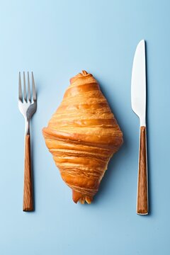 Croissant with a fork and knife on a blue background. Top view