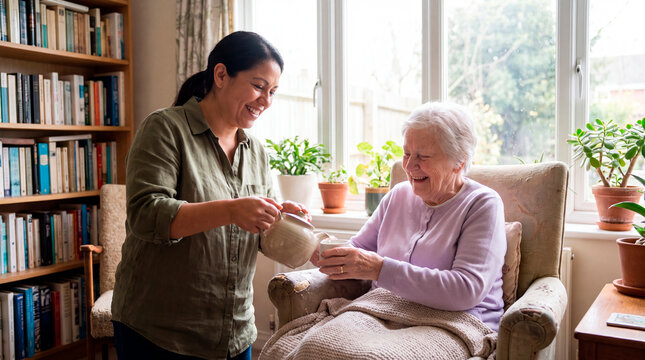 Caregiver pouring tea for a smiling senior woman wrapped in a cozy blanket