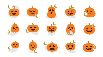 Obraz premium Cute Halloween pumpkin collection with smiling and scary faces, orange gourd icons set, autumn holiday symbols, cartoon vegetable design elements, seasonal graphic assets for print and web