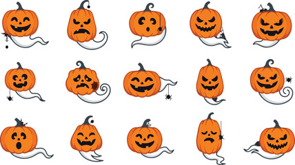 Fototapeta premium Halloween Pumpkin Character Set 15 Different Happy Scary Surprised Expressions Orange Jack O Lantern Vector Icons For Party And Print isolated on White Background Halloween,Editable Eps