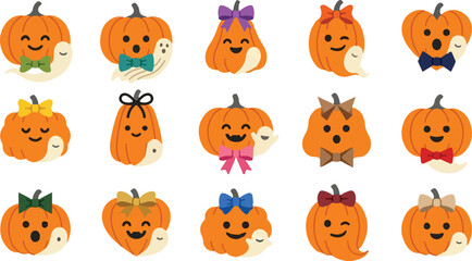 Obraz premium Cute Halloween pumpkins and ghosts set with colorful bows, charming autumn gourds collection, playful spooky seasonal icons, adorable orange harvest design for holiday cards isolated on White