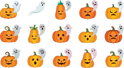 Fototapeta premium Collection of stylized jack-o-lanterns and friendly ghosts, autumn harvest icons set, spooky halloween characters, orange pumpkins with white spirits