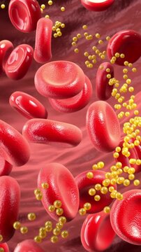High-density lipoprotein (HDL) particles, blood cells containing good cholesterol, 3D animation.