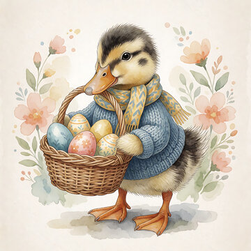 Adorable Easter duckling in sweater and scarf holding basket with Easter eggs among delicate flowers