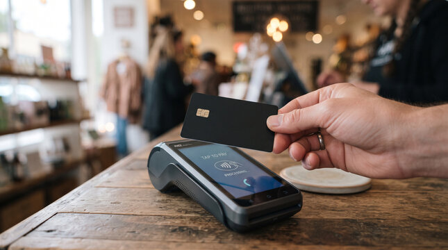 Black credit card held over contactless terminal enables secure mobile payment for retail transactions in modern shop setting.