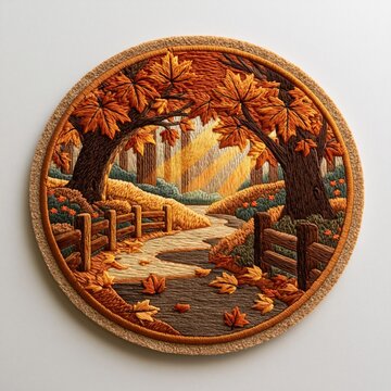 Autumn landscape with trees and path made from embroidery thread