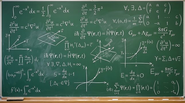 Green Mathematical Formulas Handwritten on School Blackboard Background