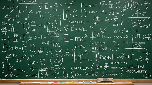 Green Chalkboard Filled with Complex Mathematical Equations and Formulas