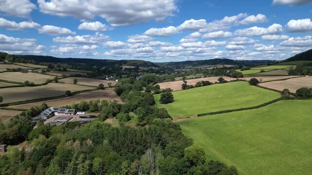 River Sid valley, East Devon, England: DRONE VIEWS: 1. The River Sid valley; 2. A water treatment plant. The River Sid valley forms part of the East Devon Area of Outstanding Natural Beauty.