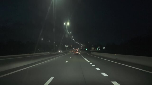 POV Driving on a Well-Lit Highway at Night, Car Dashboard Perspective on a Dark Road