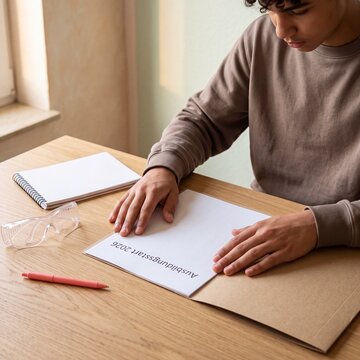 Jugendlicher legt Bewerbungsmappe f&uuml;r Ausbildungsstart 2026 bereit