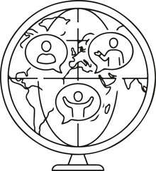Obraz premium Global communication concept line vector icon illustrating globe with people icons in speech bubbles on transparent background.