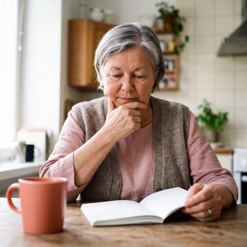 Seniorin liest nachdenklich ein Buch am K&uuml;chentisch