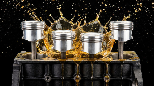 Four shiny engine pistons emerge from an oil splash on a dark background, showcasing automotive power