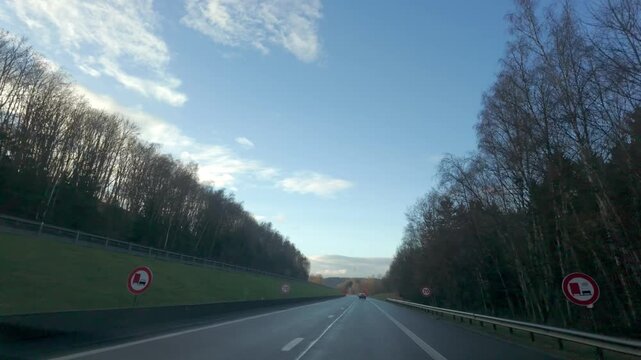 First-Person View of a Car Driving on a Scenic European Highway Through an Autumn Forest