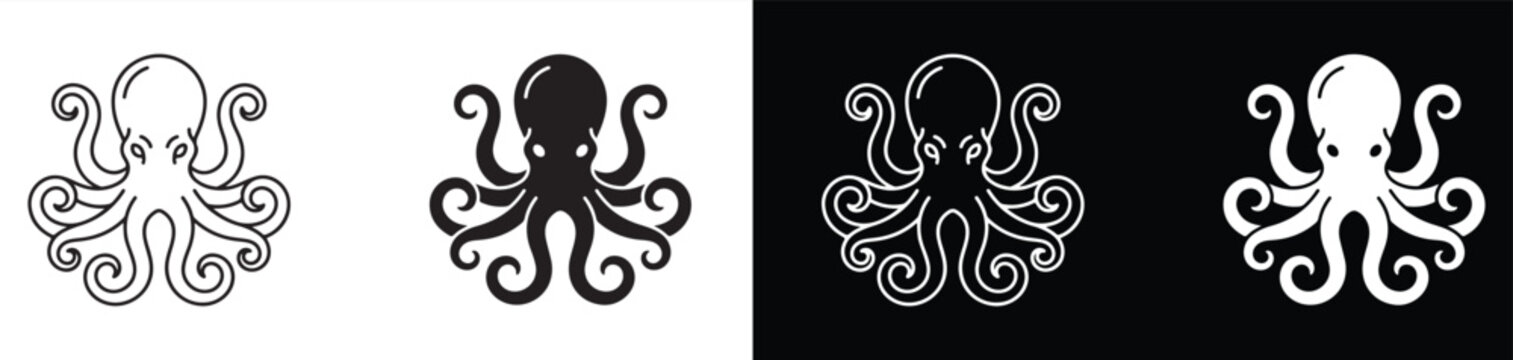 octopus illustrations with intricate tentacles in white black and contrasting color variations for artistic designs
