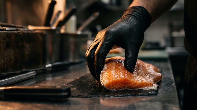 Chef wearing a black glove touching a fresh raw salmon fillet on a dark counter with knives in a dramatic restaurant kitchen setting