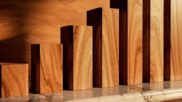 Wooden blocks arranged as ascending bar chart on marble