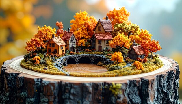 Small Autumn Village on Giant Tree Stump