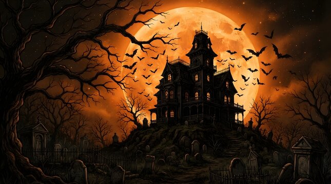 A spooky haunted mansion silhouette stands against a giant orange full moon in this detailed and atmospheric halloween wallpaper perfect for your festive holiday desktop