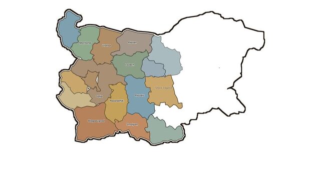 Bulgaria map with highlighted administrative regions, motion graphics of map, map of country