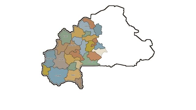Burkina faso map with highlighted western provinces, isolated, motion graphics of map, map of country