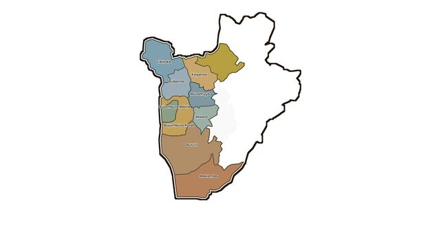 Map of burundi provinces isolated on white background, motion graphics of map, map of country
