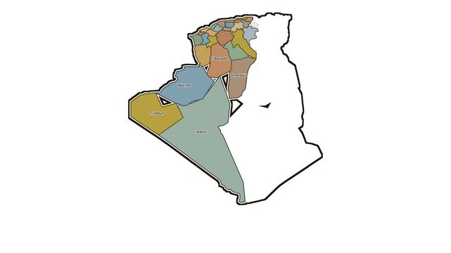 Map of algeria with highlighted provinces, motion graphics of map, map of country