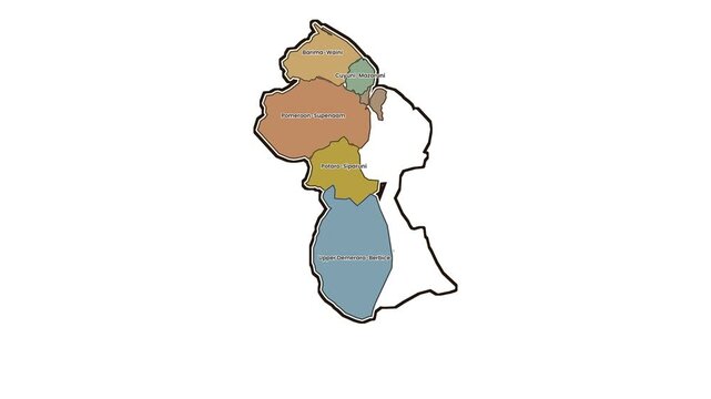 Map of guyana regions highlighted in colors, motion graphics of map, map of country