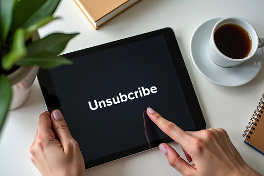 Intimate Perspective of a Hand Firmly Tapping the Unsubscribe Button on a Stylish Tablet, Complemented by Tranquil Touches Like a Plant and a Cozy Coffee Mug