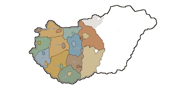 Map of hungary highlighting western counties, motion graphics of map, map of country