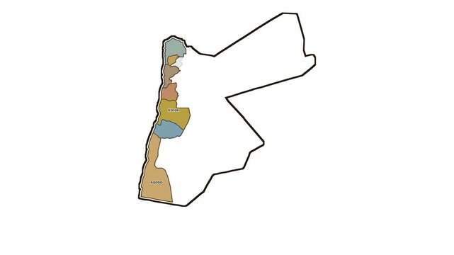 Map of jordan with highlighted governorates, motion graphics of map, map of country