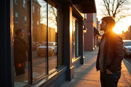 Resilient Small Business Owner Reflects Outside Shuttered Storefront at Sunset