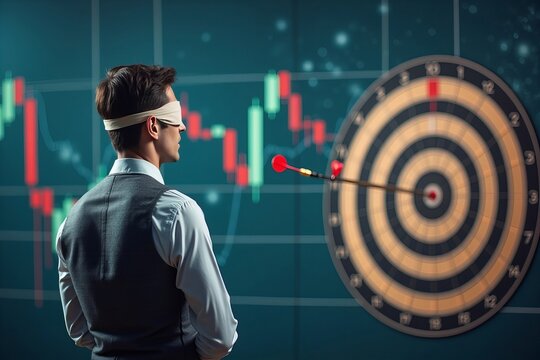 Blindfolded Executive Throws Dart at Investment Options Amidst a Vast Stock Market Chart: A Symbol of Risk and Uncertainty