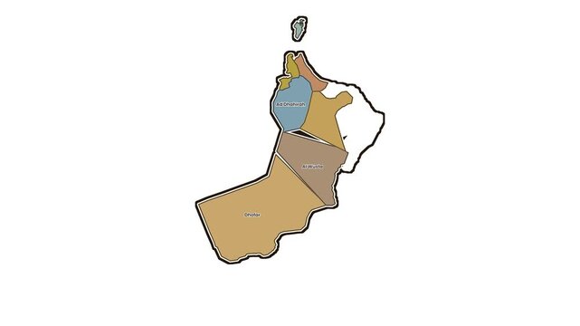 Map of oman with highlighted dhofar and ad dhahirah, motion graphics of map, map of country