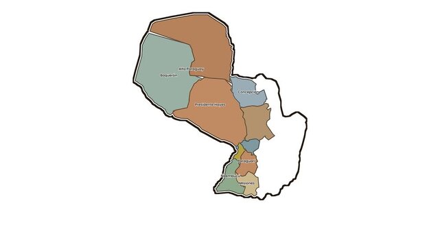 Map of paraguay highlighting specific administrative departments, motion graphics of map, map of country