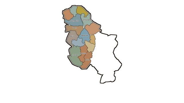 Map of serbia highlighting specific administrative districts, motion graphics of map, map of country