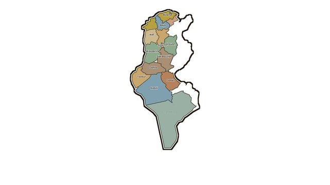 Map of tunisia with highlighted western governorates, motion graphics of map, map of country