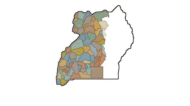 Map of uganda with highlighted western districts, motion graphics of map, map of country