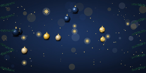 Fototapeta premium Christmas background with blue and gold ornaments and pine branches christmas background