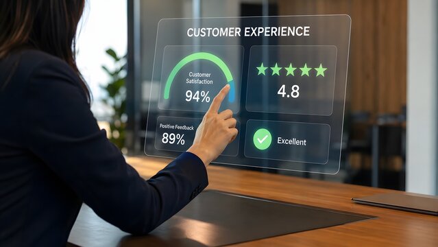 Business professional interacting with a digital holographic interface to analyze and improve overall customer experience metrics